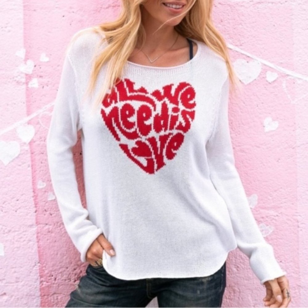 Wooden Ships All We Need is Love Lennon Crew Mercer Sweater Womens M/L Heart